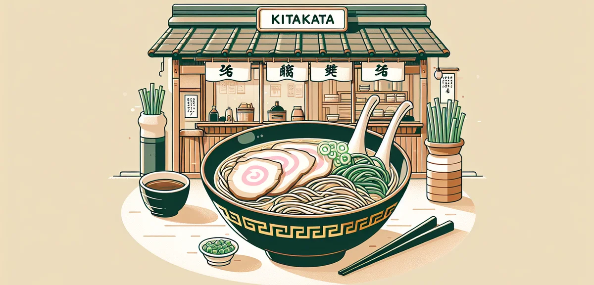 Bowl of Kitakata ramen with clear soy sauce broth, thick curly noodles, sliced chashu pork, green on