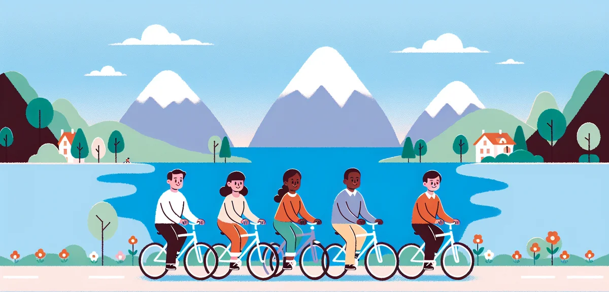 Cyclists riding along Lake Biwa lakeshore road, vast blue lake stretching to mountains, spring green