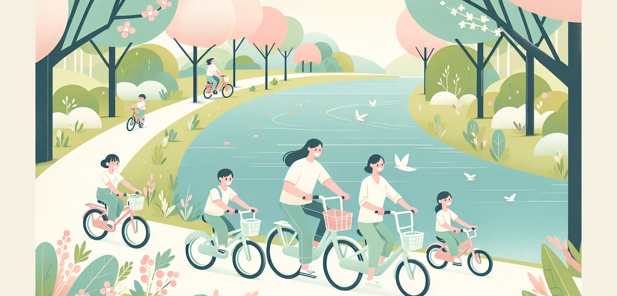 Family cycling on riverside path with fresh spring greenery, children on bikes with parents, relaxed