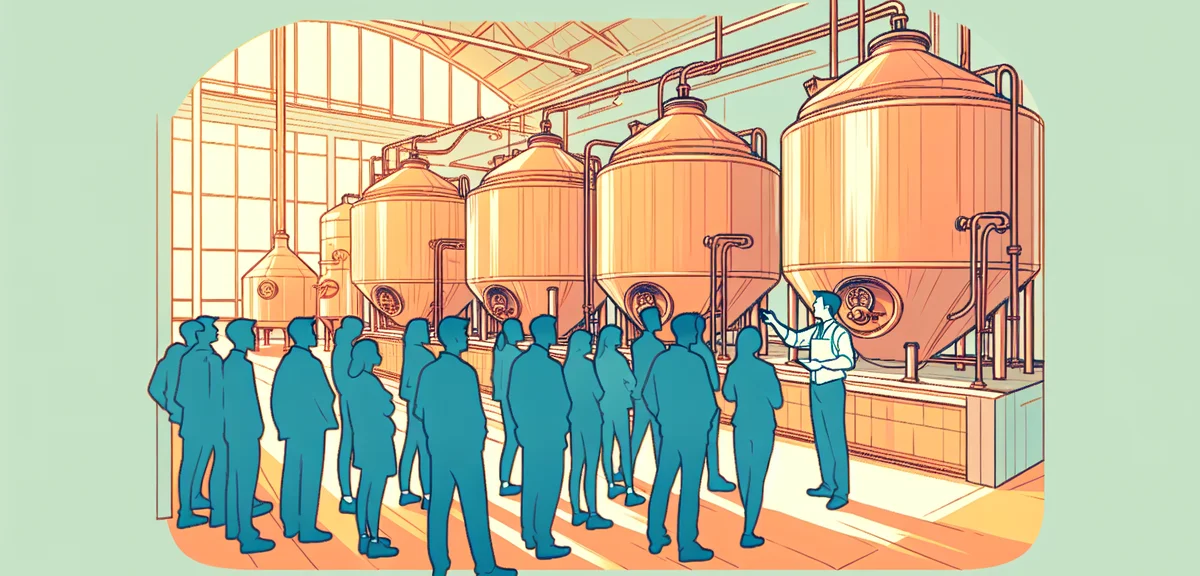 Beer brewery tour in Japan, copper brewing tanks, visitors listening to guide explanation, warm ligh