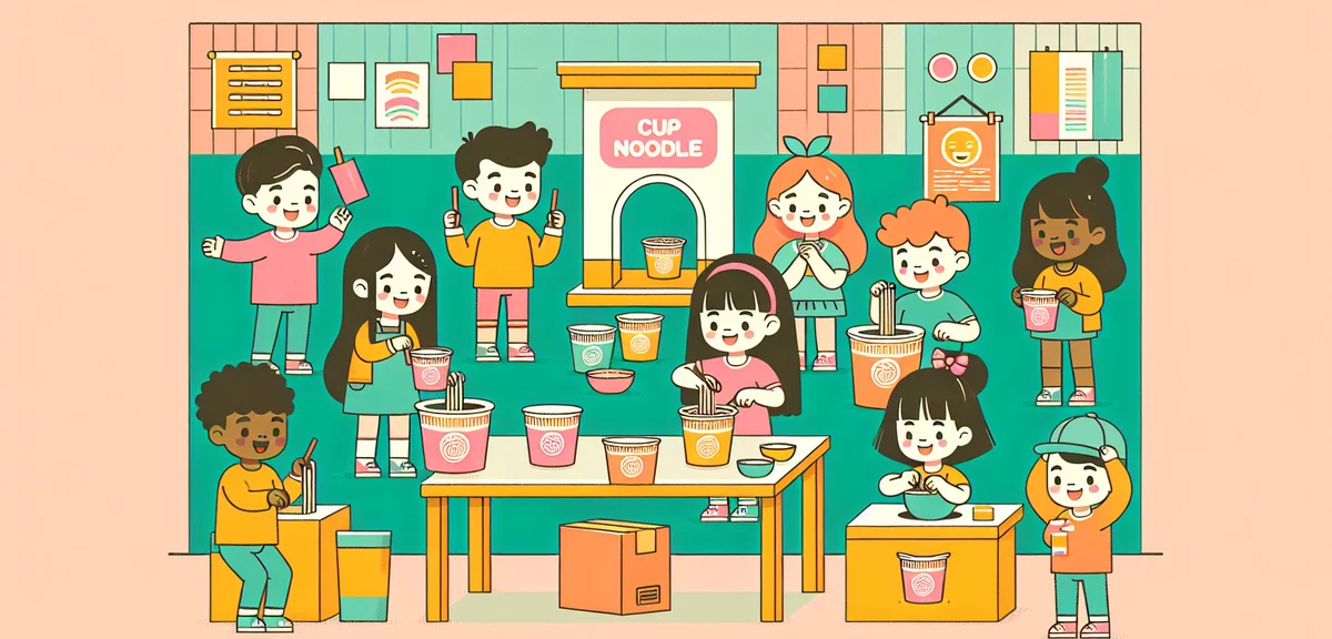 Children making cup noodles at interactive museum workshop, colorful packaging station, hands-on exp