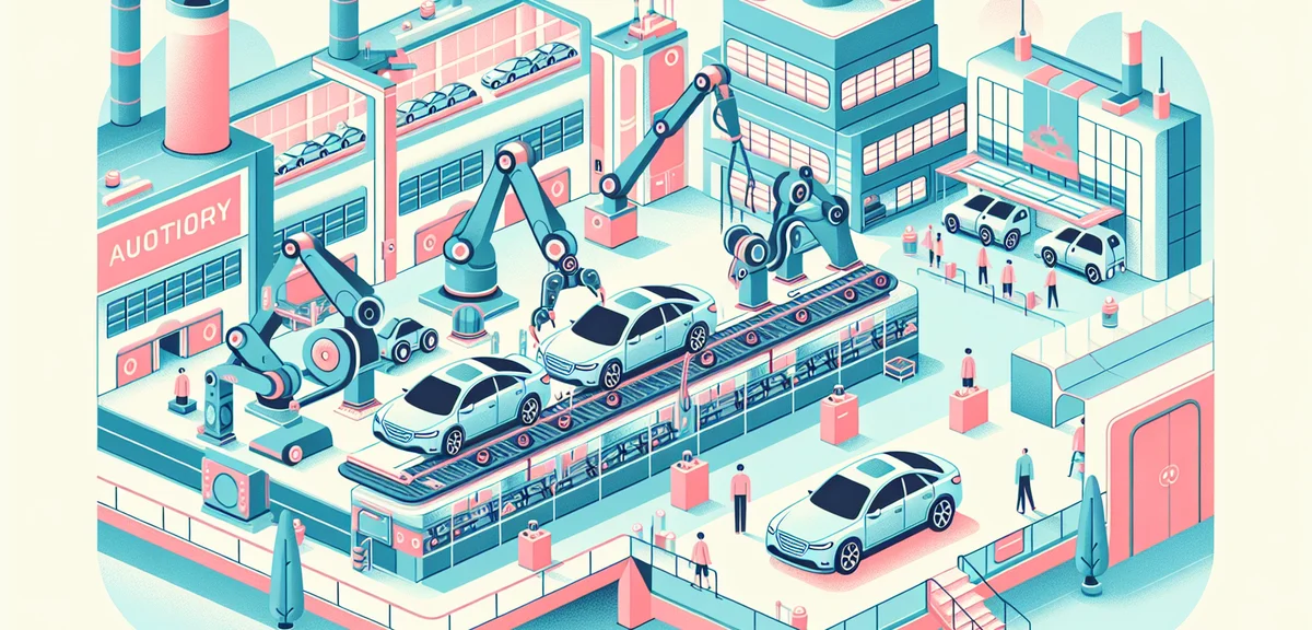 Automobile factory tour, robotic assembly line with cars being manufactured, visitors on elevated wa