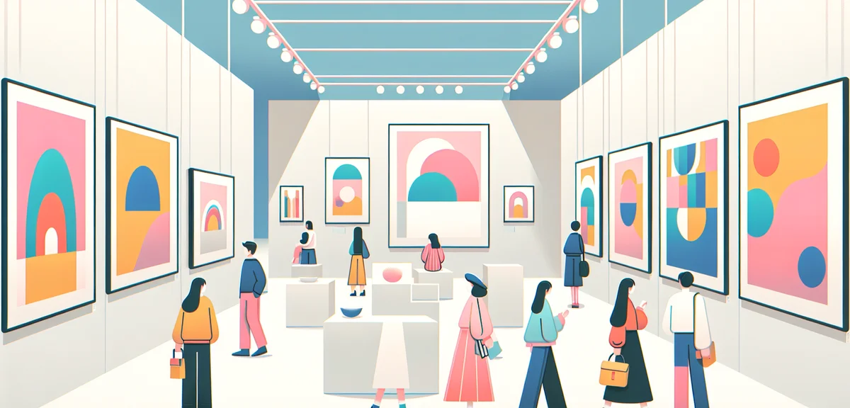 Modern art exhibition in Tokyo, colorful contemporary artworks on white walls, stylish visitors enjo