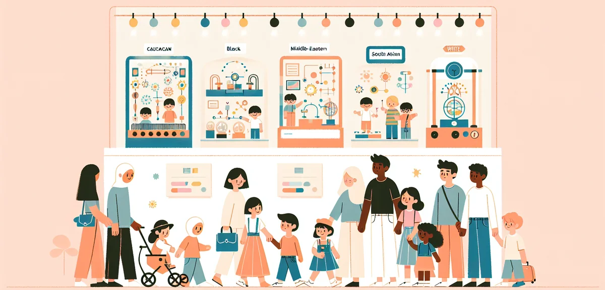 Interactive science museum for children, kids touching exhibits with glowing lights and mechanical d