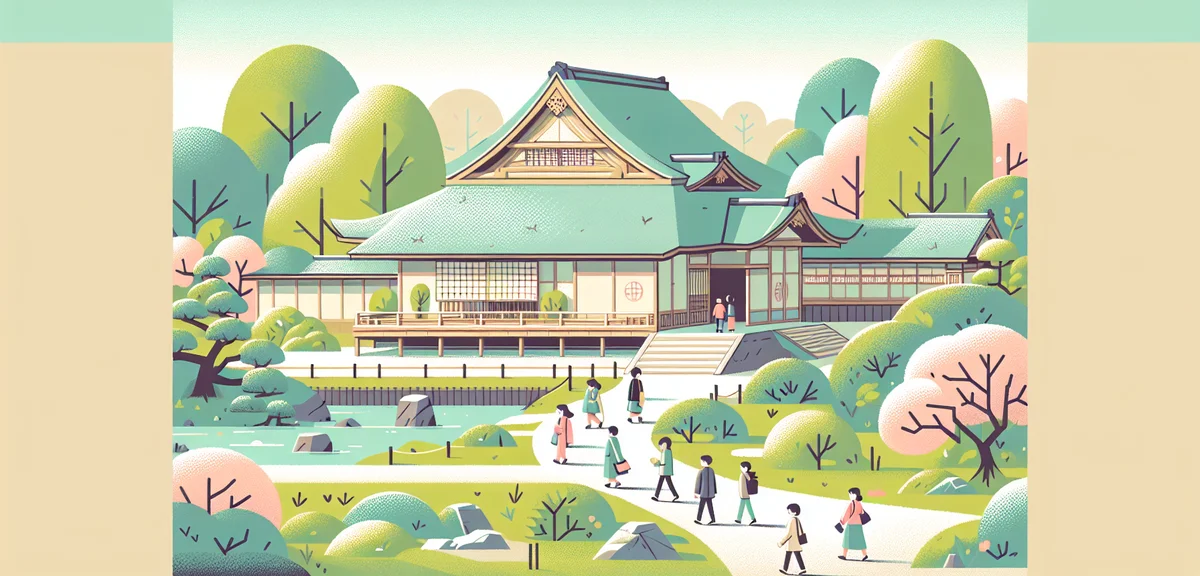 Traditional Japanese museum building surrounded by spring greenery, quiet countryside setting, visit