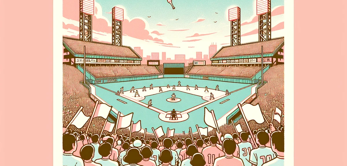 Exciting Japanese baseball stadium during Golden Week, packed crowd cheering, bright stadium lights,