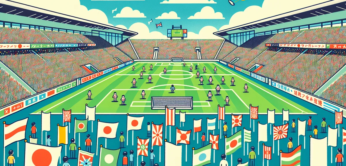 Japanese soccer stadium with passionate fans, green pitch under blue sky, J-League match in progress