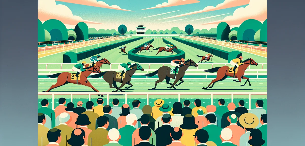 Horse racing at Tokyo Racecourse, thoroughbreds racing down the track, excited spectators watching,