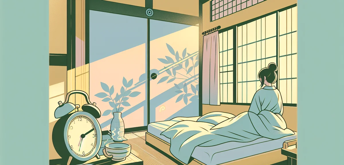 Person waking up early in the morning with alarm clock, fresh sunlight, Japanese bedroom, healthy li