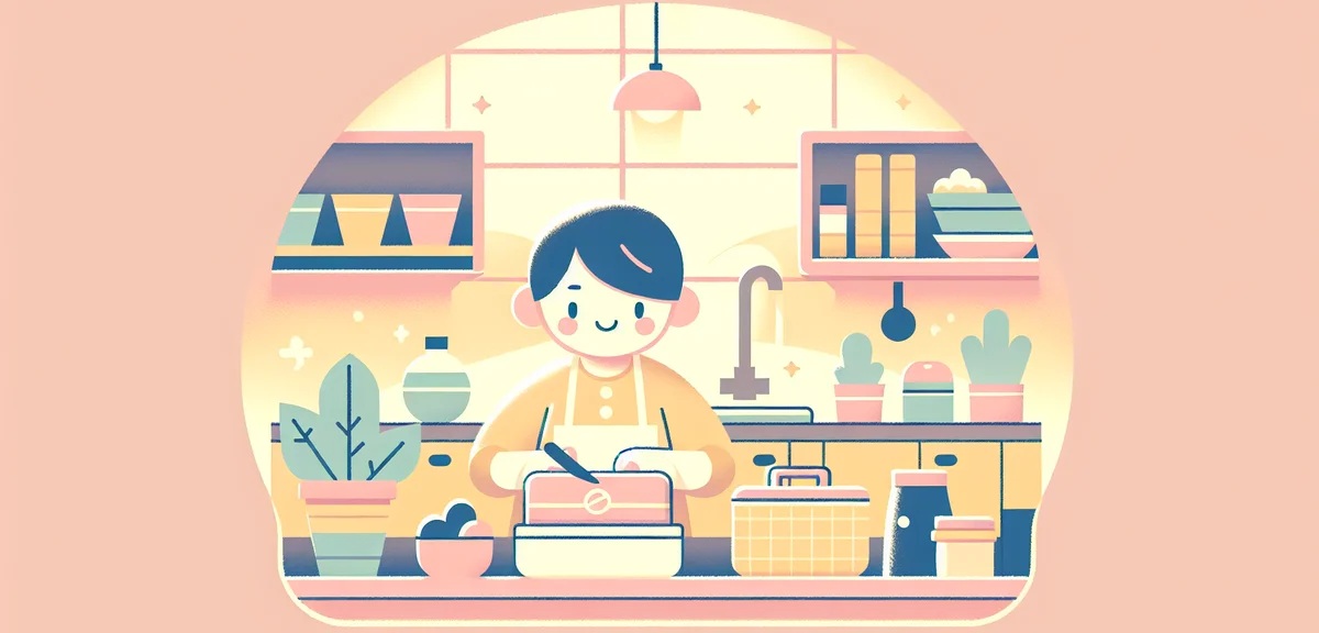 Japanese person preparing lunch box (bento) the night before work, organized kitchen, warm lighting,