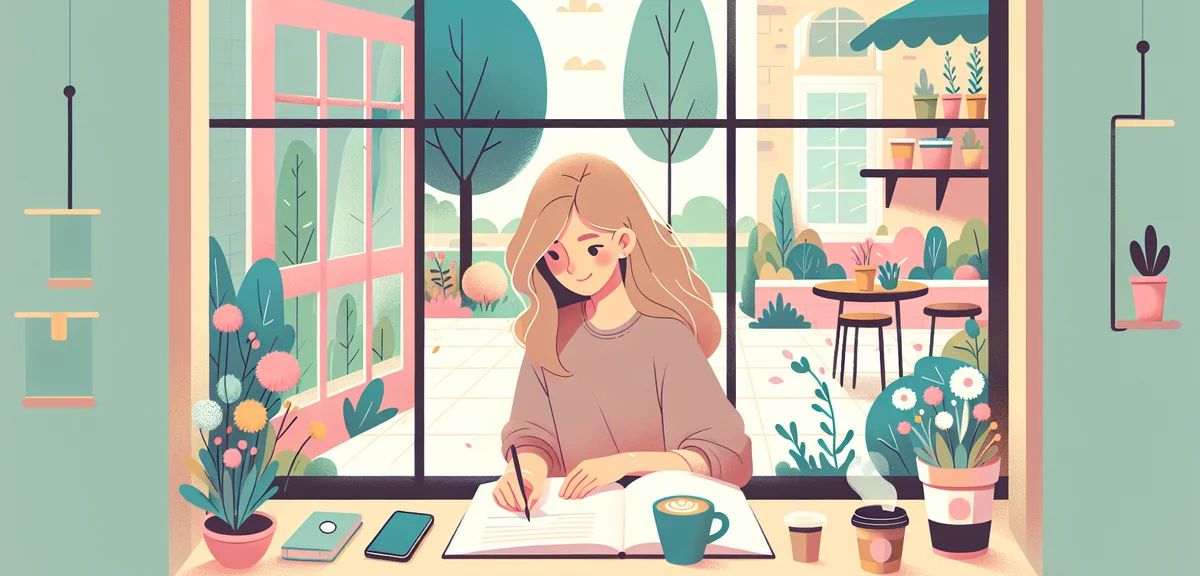 University student studying at cafe with notebook and coffee, spring greenery visible through window