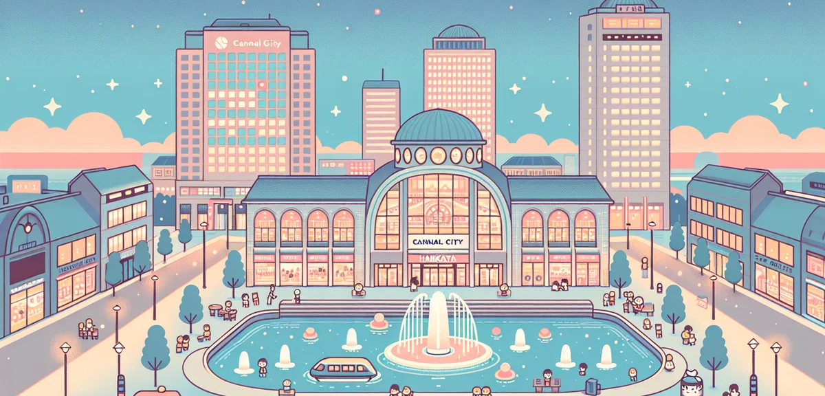 Canal City Hakata shopping complex with fountain show, modern architecture, evening lighting, Fukuok