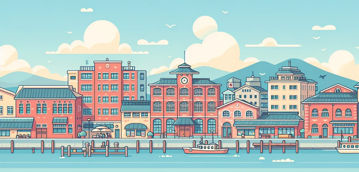 Mojiko Retro district with red brick buildings, harbor view, nostalgic atmosphere, spring blue sky,