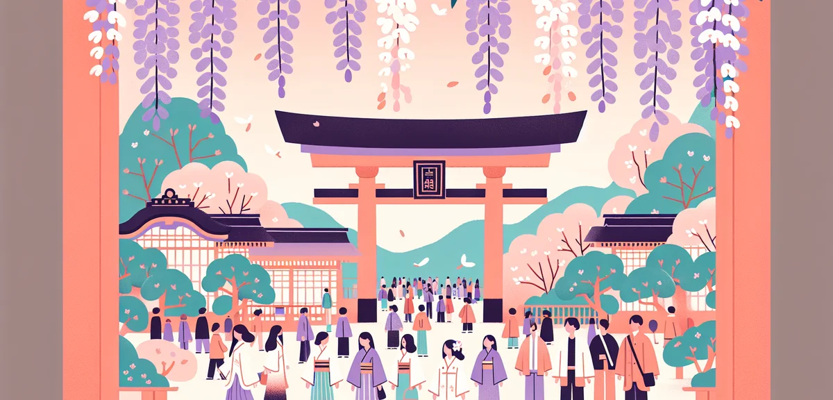 Dazaifu Tenmangu shrine with wisteria flowers in bloom, traditional torii gate, spring visitors, pea