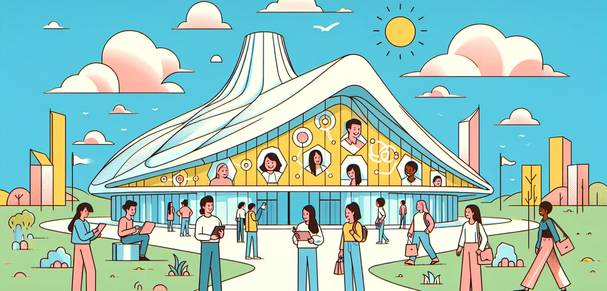 Expo 2025 Osaka Kansai futuristic pavilion with visitors, modern architecture, spring blue sky, inno