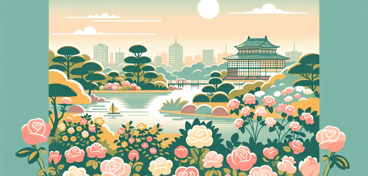 Nakanoshima rose garden in full bloom, colorful roses, Osaka city skyline in background, beautiful s