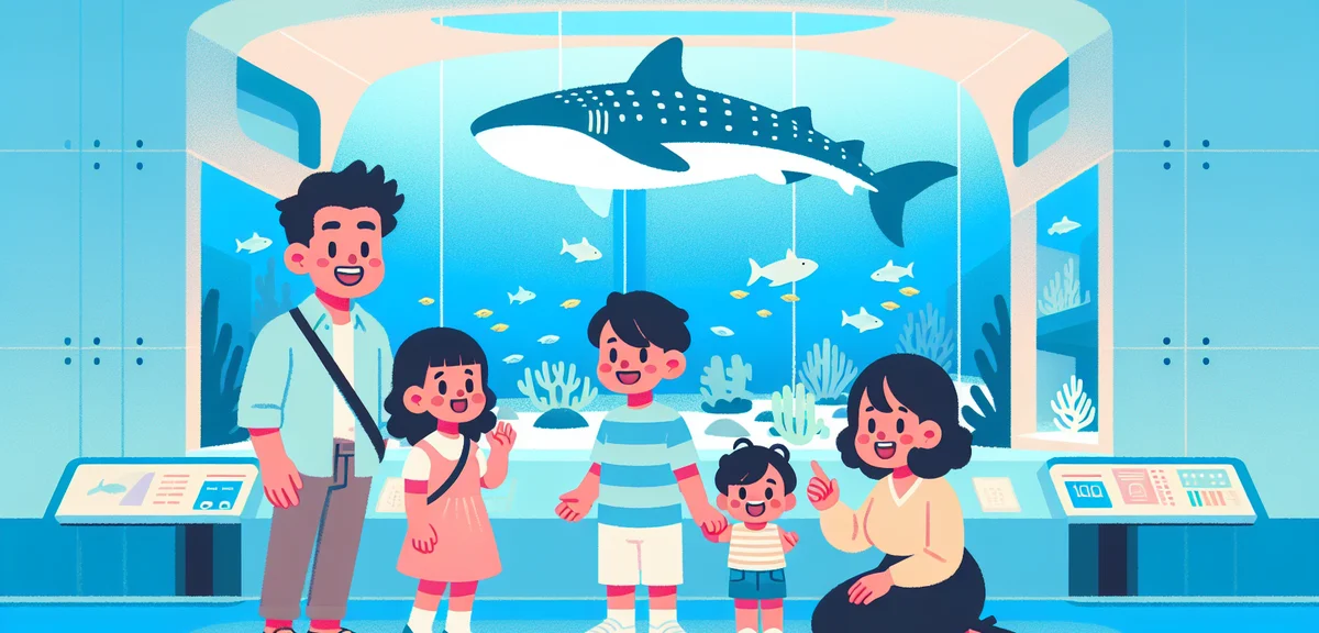 Kaiyukan aquarium Osaka with whale shark exhibit, families enjoying, blue lighting, modern interior