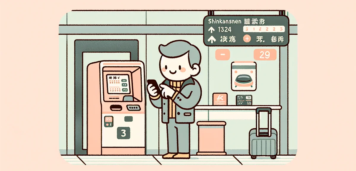 A person using a smartphone to book Shinkansen tickets online at a station, with a ticket machine an