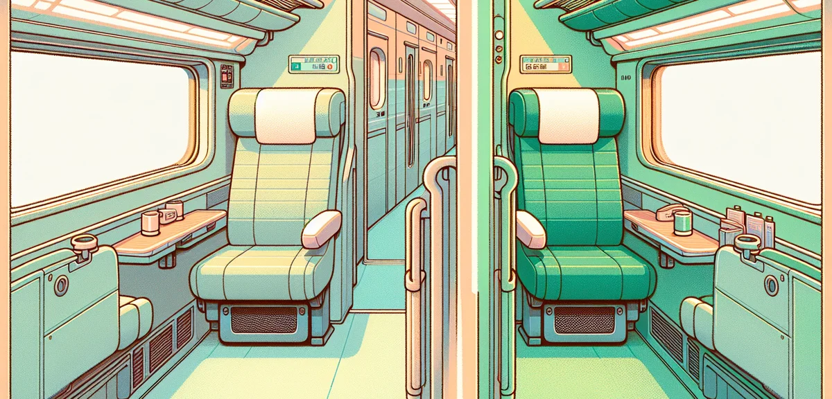 Interior comparison of Japanese Shinkansen ordinary car and green car seats side by side, showing th