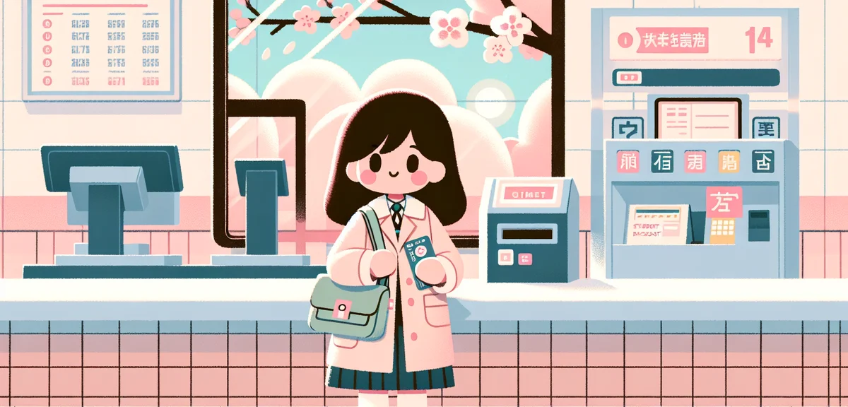 A Japanese university student with a backpack holding a student discount ticket at a JR ticket count