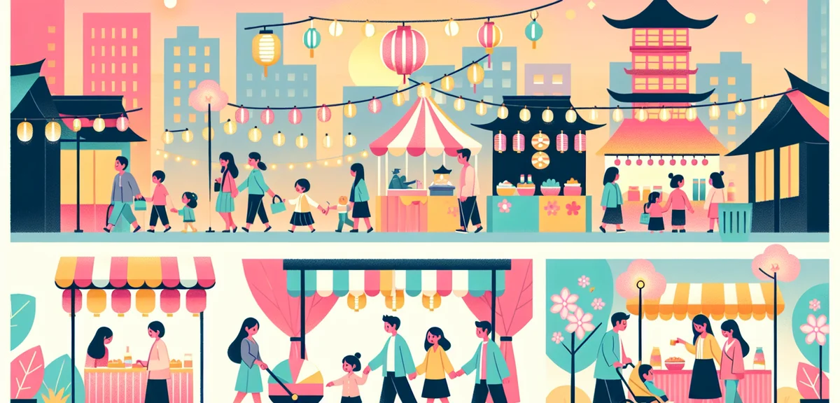 A traditional Japanese festival scene in Kagoshima city with colorful stalls (yatai) and paper lante