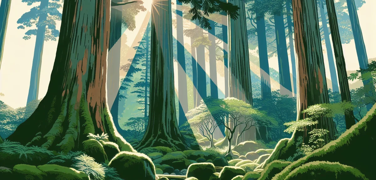 Yakushima island ancient cedar forest with lush green moss and mystical atmosphere, sunlight filteri