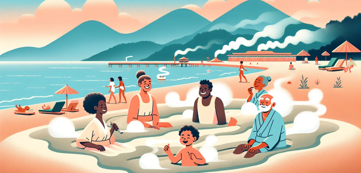 Ibusuki sand bath (sunamushi onsen) with people buried in warm volcanic sand near the ocean, steam r