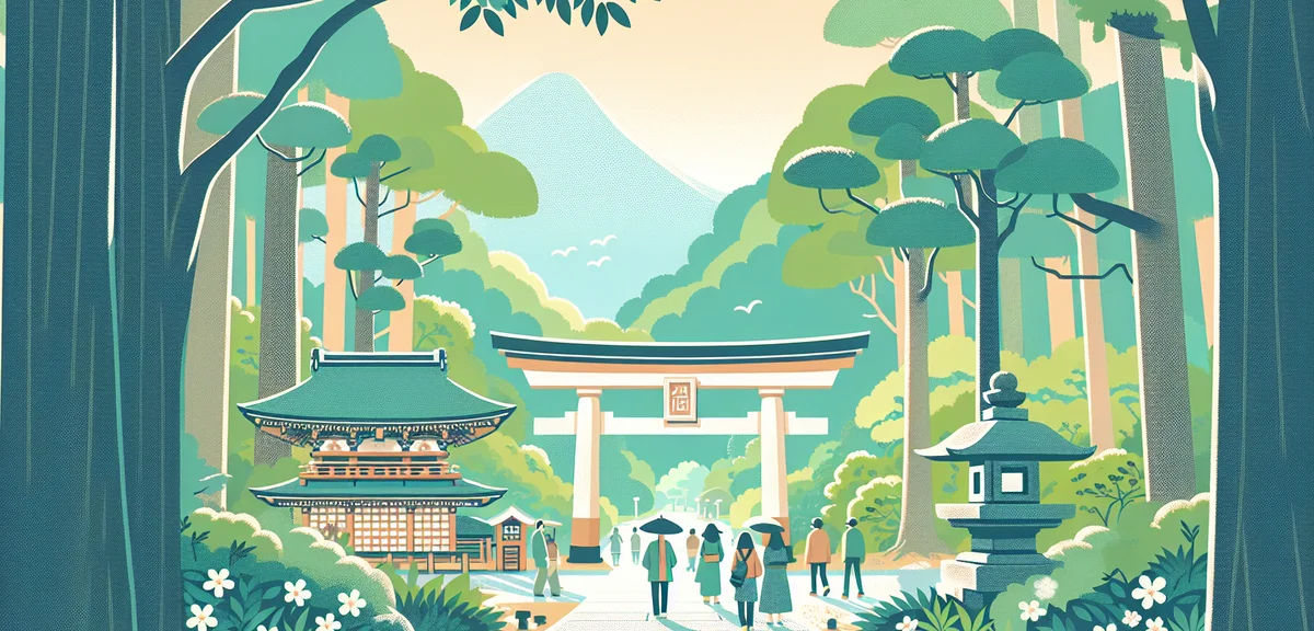 Traditional Japanese shrine Yahiko Jinja surrounded by fresh green spring foliage in Niigata, stone