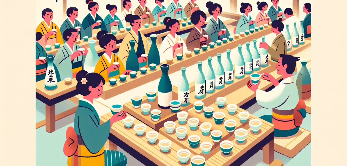 Japanese sake tasting event with rows of small ceramic cups (ochoko) filled with clear sake, sake bo