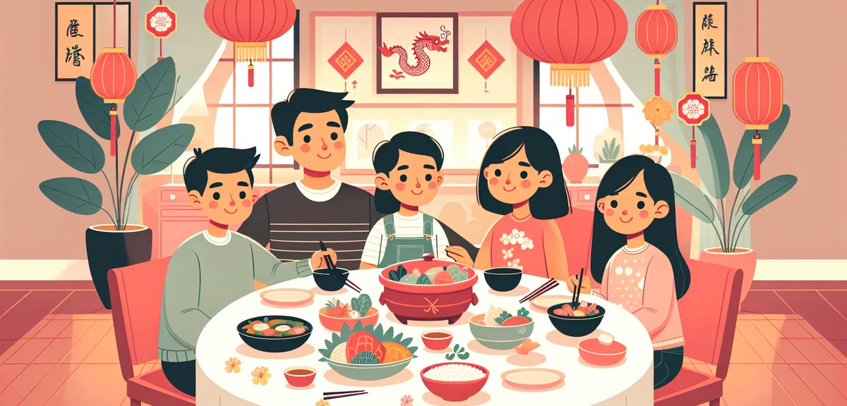 Chinese Spring Festival celebration scene with red lanterns, dragon decorations, family gathering ar