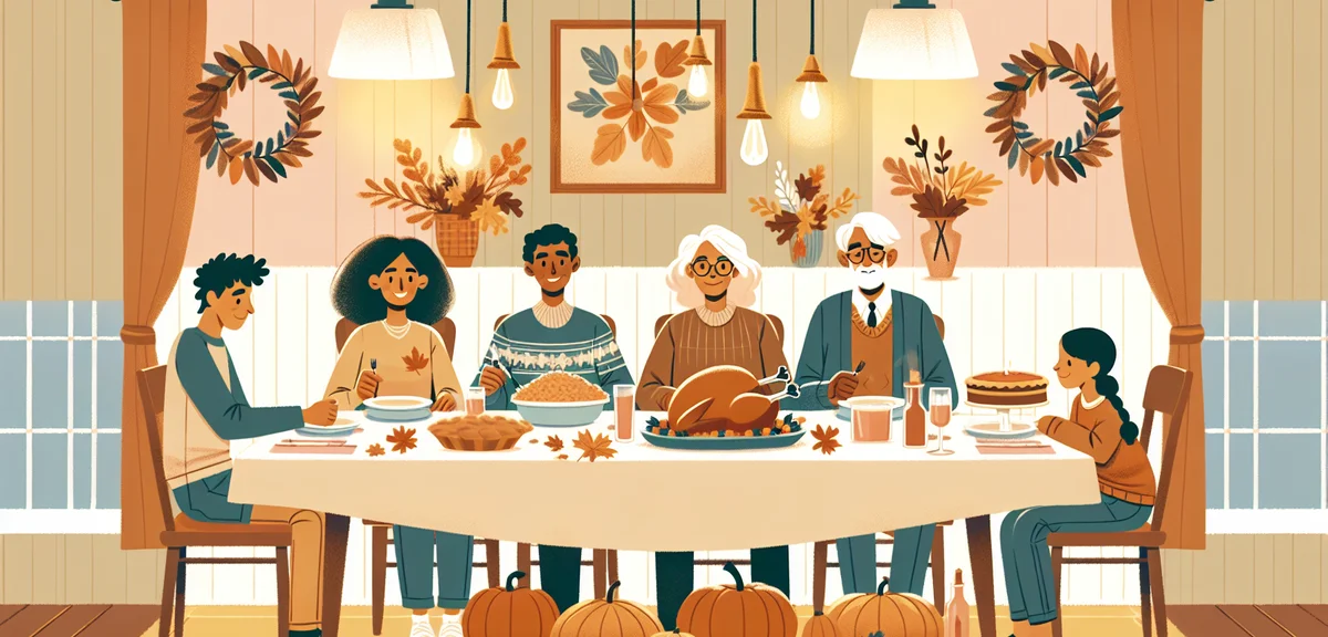 American Thanksgiving dinner table with turkey, pumpkin pie, autumn decorations, family seated toget