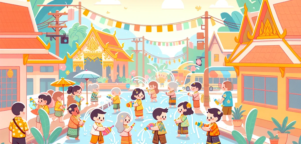 Thai Songkran water festival celebration on a sunny street, people joyfully splashing water, colorfu