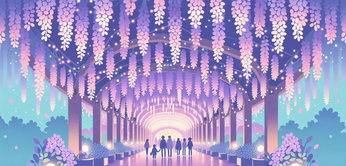 Ashikaga Flower Park wisteria tunnel at night with purple illumination, cascading purple wisteria fl