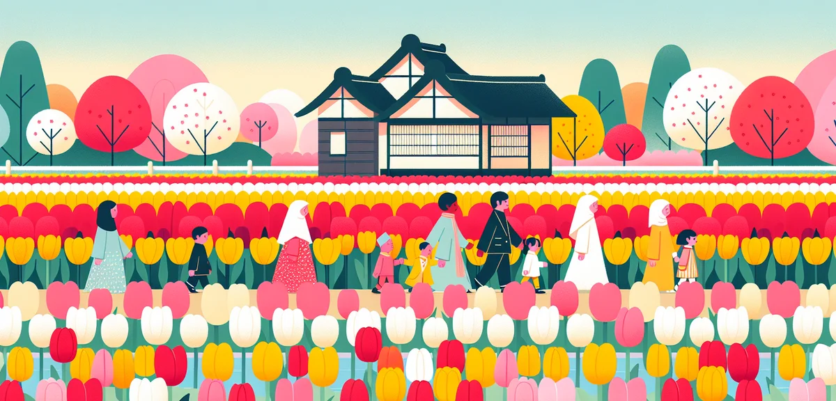 Colorful tulip field in Tonami Tulip Park, rows of red, yellow, pink and white tulips, traditional J