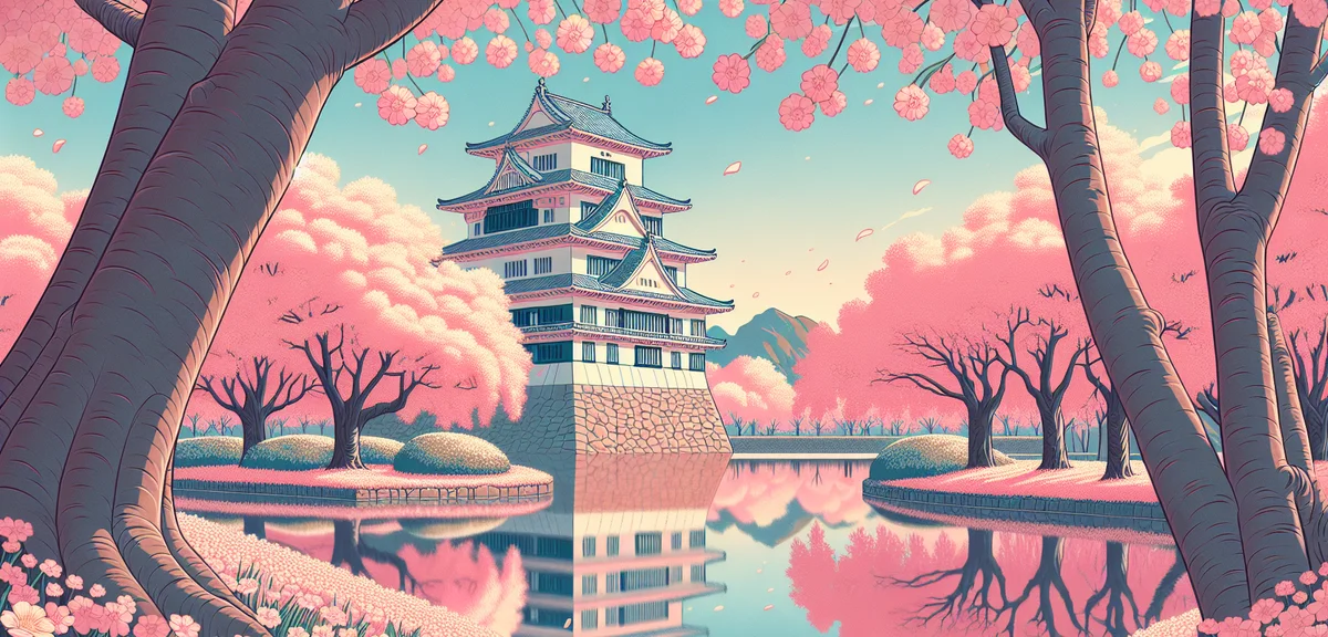 Hirosaki Castle cherry blossom festival, massive cherry trees in full bloom surrounding the castle, 