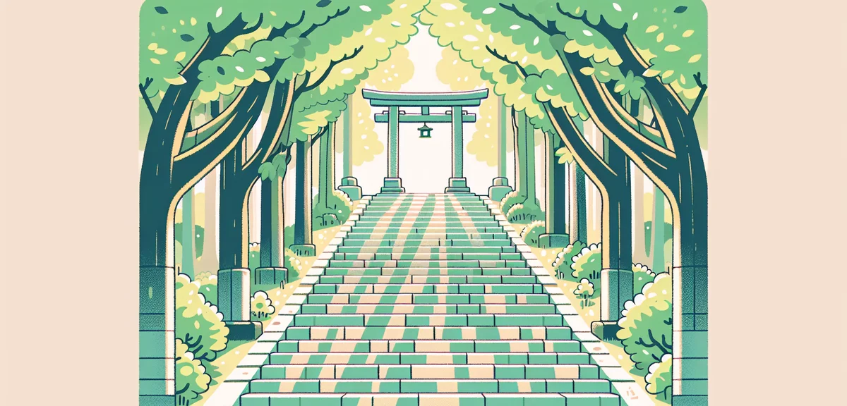 Chusonji temple approach in Hiraizumi with fresh green trees creating a tunnel, stone steps leading 