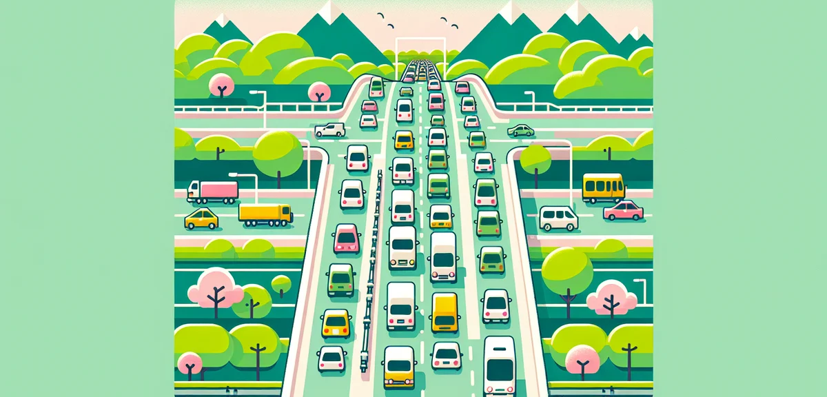 Japanese highway traffic jam during Golden Week, cars queued on expressway, green spring landscape,