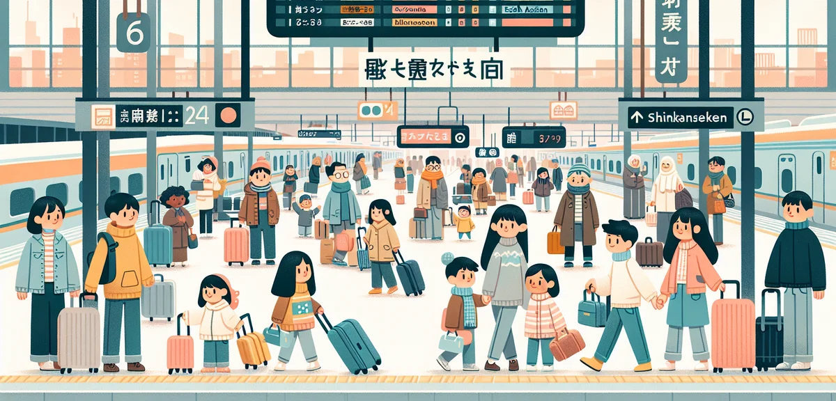 Crowded Japanese bullet train station platform during Uターンラッシュ, families with suitcases, electronic