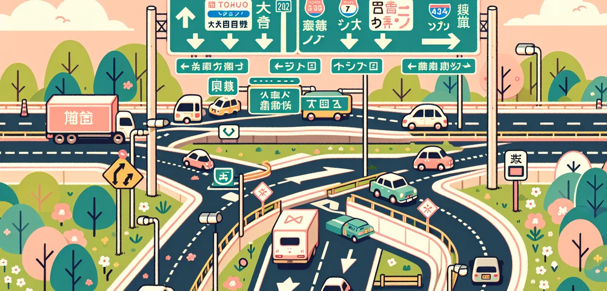 Japanese highway interchange with road signs showing Tohoku expressway directions, cars navigating j