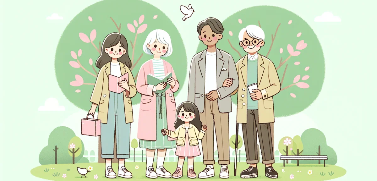 Japanese family enjoying Golden Week holiday outdoors wearing light layered spring clothing, sunny p