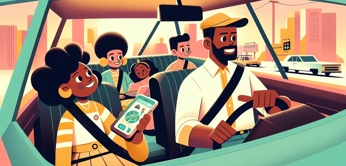 Japanese family inside car stuck in traffic, father driving, mother checking smartphone navigation a