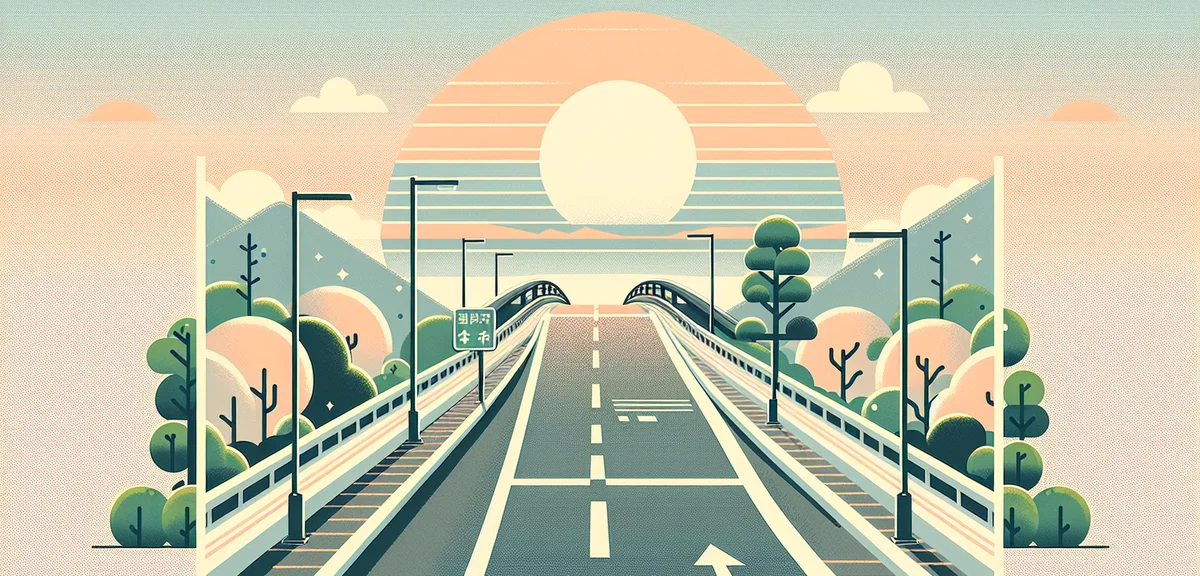 Early morning sunrise view of empty Japanese highway with green road signs, spring scenery, clear sk