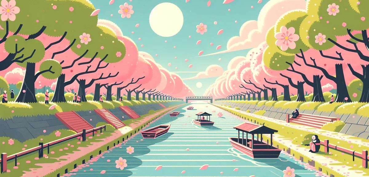 Kitakami Tenshochi cherry blossom tunnel along river, pink sakura petals falling, traditional Japane