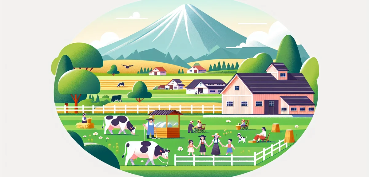 Koiwai Farm Makiba-en with green pastures, cows grazing, Mount Iwate in background, families enjoyin