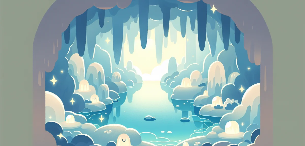 Ryusendo limestone cave interior, blue underground lake, illuminated stalactites, mysterious atmosph