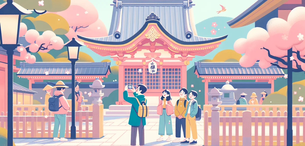 Chinese tourists visiting Japanese temple in Kyoto, spring season, cultural exchange scene, people t