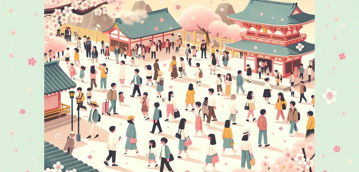 Crowded popular tourist destination in Japan during Golden Week, diverse tourists including Chinese 