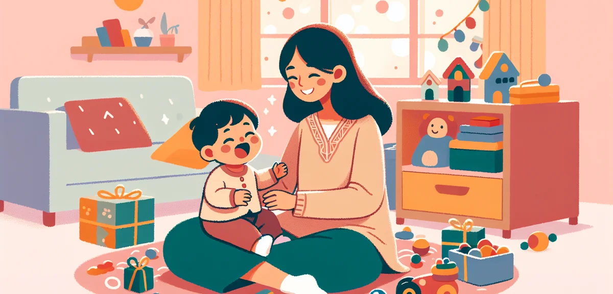 Japanese mother and toddler playing together at home during holiday, colorful toys, bright living ro