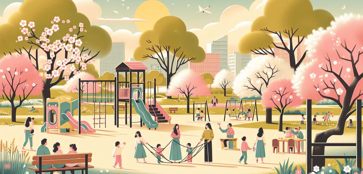 Japanese children playing in park during Golden Week, spring scenery, green grass, playground equipm