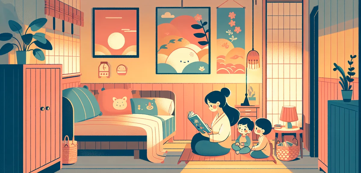 Japanese mother reading picture book to children before bedtime, cozy bedroom, warm lighting, bedtim
